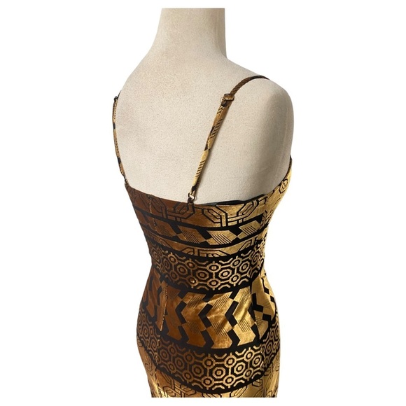 NWT NICHOLE MILLER BLACK/BRONZE VELVET BURNOUT AZTEC PRINT SPAGHETTI STRAP DRESS - Picture 11 of 16
